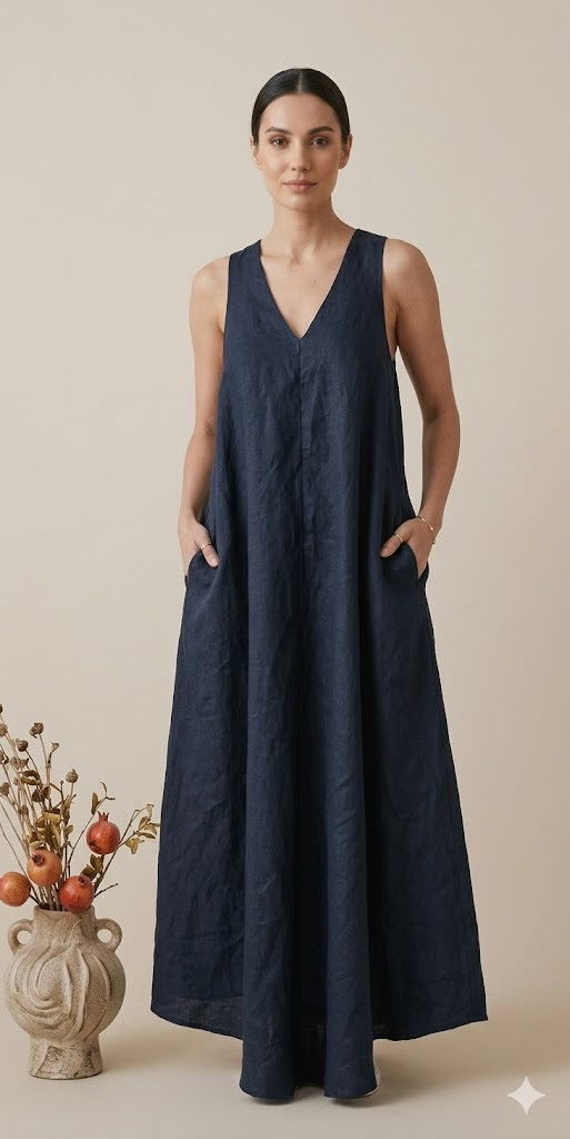 Navy Blue Sleeveless Linen Maxi Dress