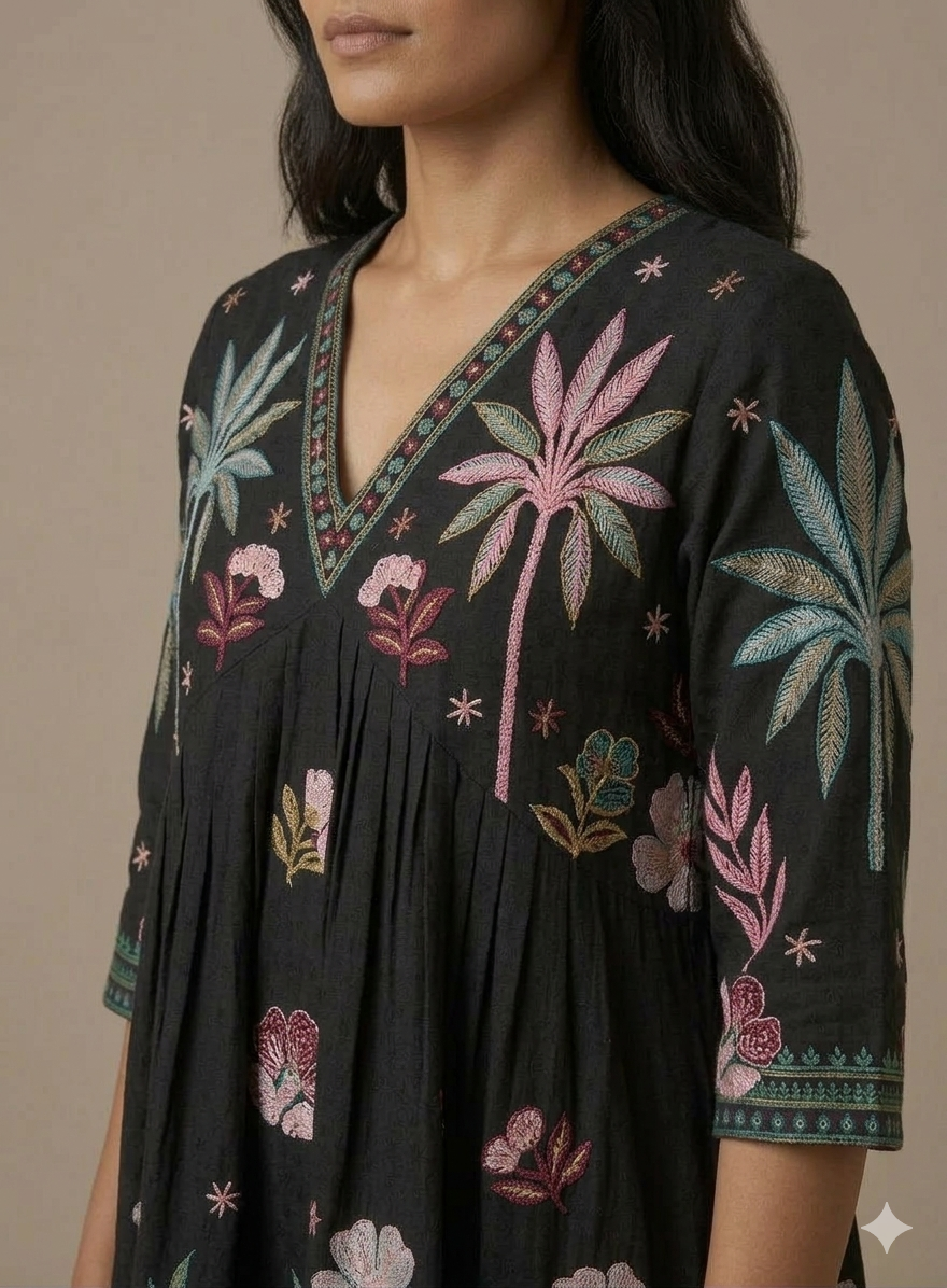 Black Cotton Palm Tree Embroidered Mini Dress