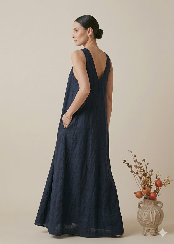 Navy Blue Sleeveless Linen Maxi Dress