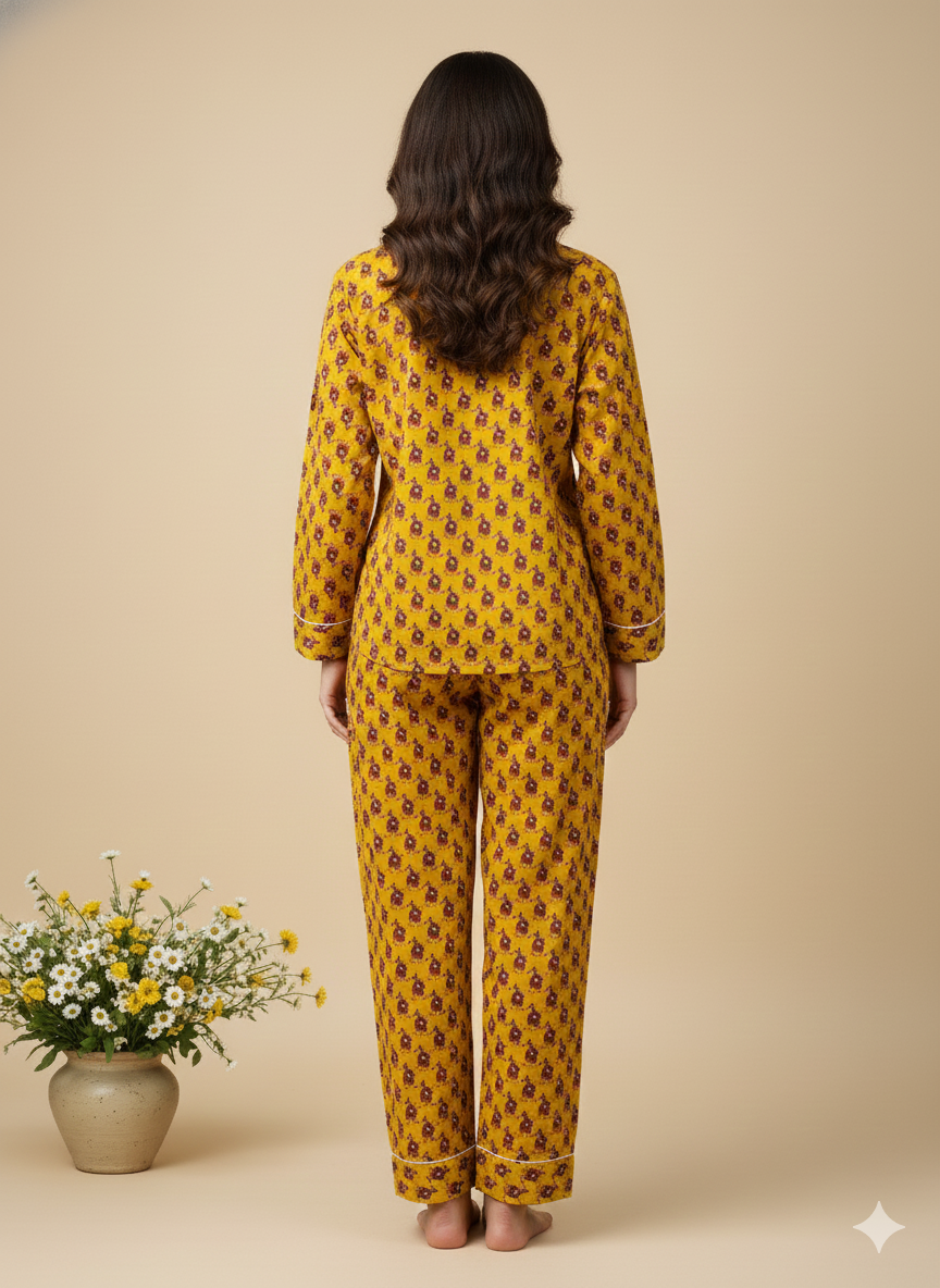 Pikaru Fashion Handmade Cotton Block Print Pajama Set | Boho Loungewear for Women | Breathable Organic Cotton Nightwear PJ Set with Matching Pouch