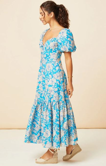 Vibrant Blue Floral Cotton Puff Sleeve Midi Dress – Summer Boho Chic
