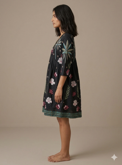 Black Cotton Palm Tree Embroidered Mini Dress