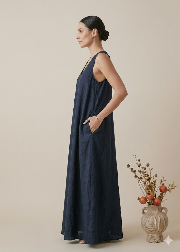 Navy Blue Sleeveless Linen Maxi Dress