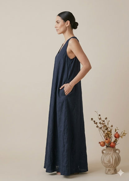 Navy Blue Sleeveless Linen Maxi Dress