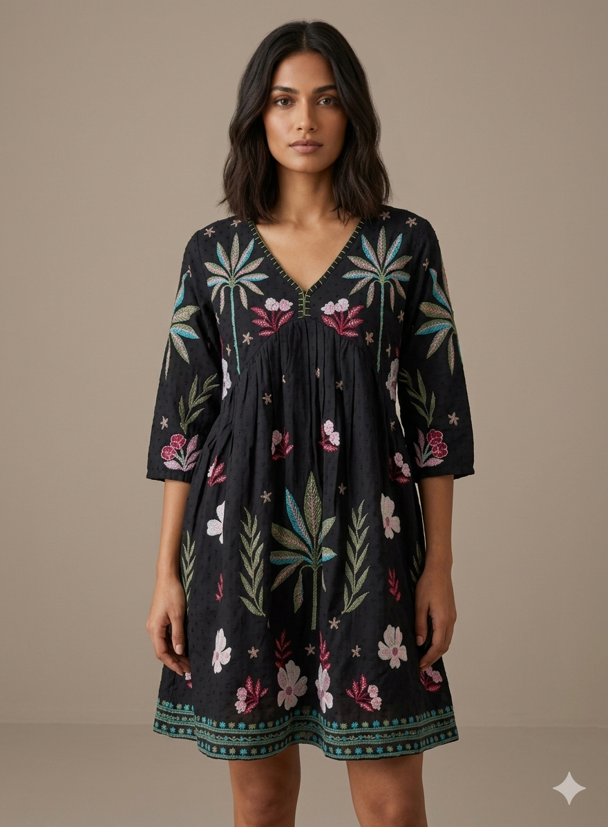 Black Cotton Palm Tree Embroidered Mini Dress
