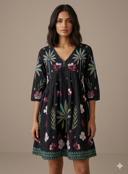 Black Cotton Palm Tree Embroidered Mini Dress
