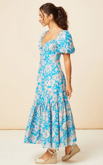 Vibrant Blue Floral Cotton Puff Sleeve Midi Dress – Summer Boho Chic