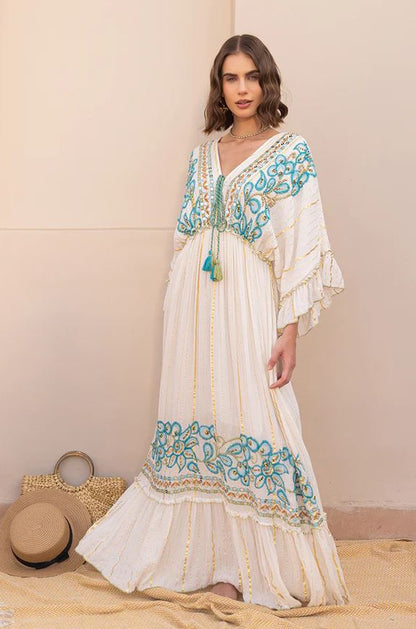 White Boho Maxi Dress | Hand-Embroidered Cotton Tiered Gown with Turquoise & Gold Details | Flowy Summer Festival Dress