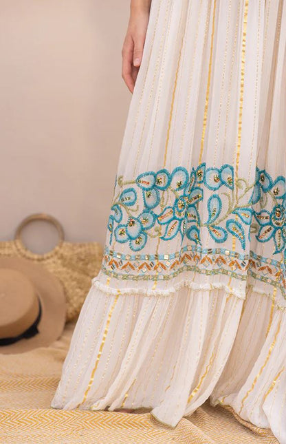 White Boho Maxi Dress | Hand-Embroidered Cotton Tiered Gown with Turquoise & Gold Details | Flowy Summer Festival Dress