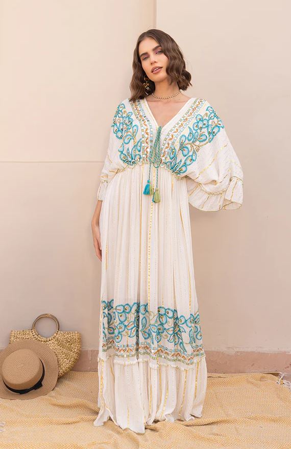 White Boho Maxi Dress | Hand-Embroidered Cotton Tiered Gown with Turquoise & Gold Details | Flowy Summer Festival Dress