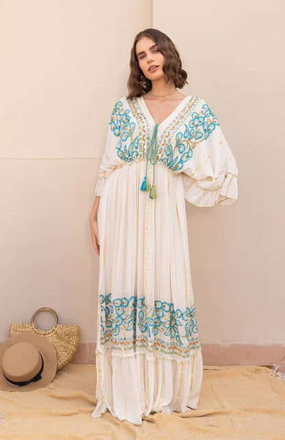 White Boho Maxi Dress | Hand-Embroidered Cotton Tiered Gown with Turquoise & Gold Details | Flowy Summer Festival Dress