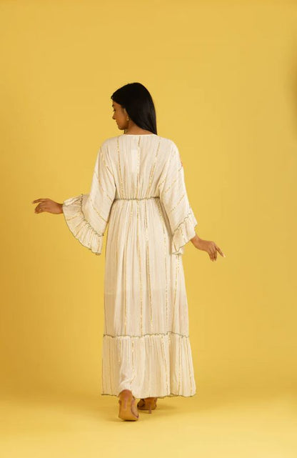 White Pink Floral Embroidered Bell Sleeve Boho Maxi Dress | Cotton Tassel Tie Tiered Festival Resort Wear