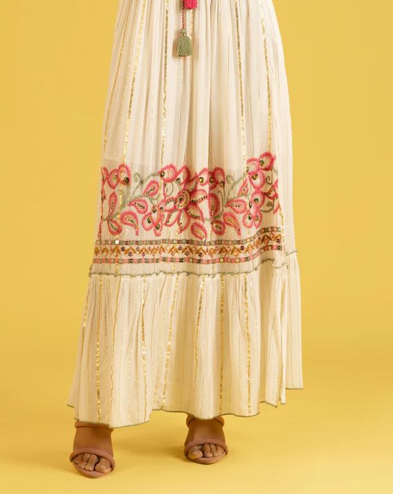 White Pink Floral Embroidered Bell Sleeve Boho Maxi Dress | Cotton Tassel Tie Tiered Festival Resort Wear