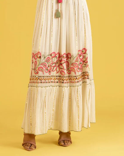White Pink Floral Embroidered Bell Sleeve Boho Maxi Dress | Cotton Tassel Tie Tiered Festival Resort Wear
