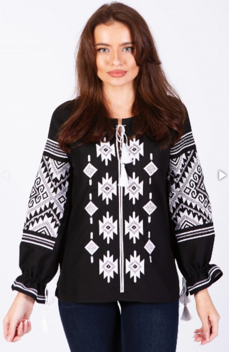 Hand-Embroidered Black Geometric Folk Cotton Blouse – Puff Sleeve Boho Top with Tassels