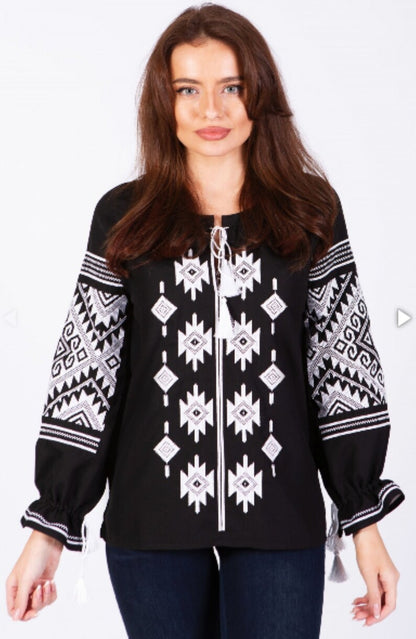Hand-Embroidered Black Geometric Folk Cotton Blouse – Puff Sleeve Boho Top with Tassels