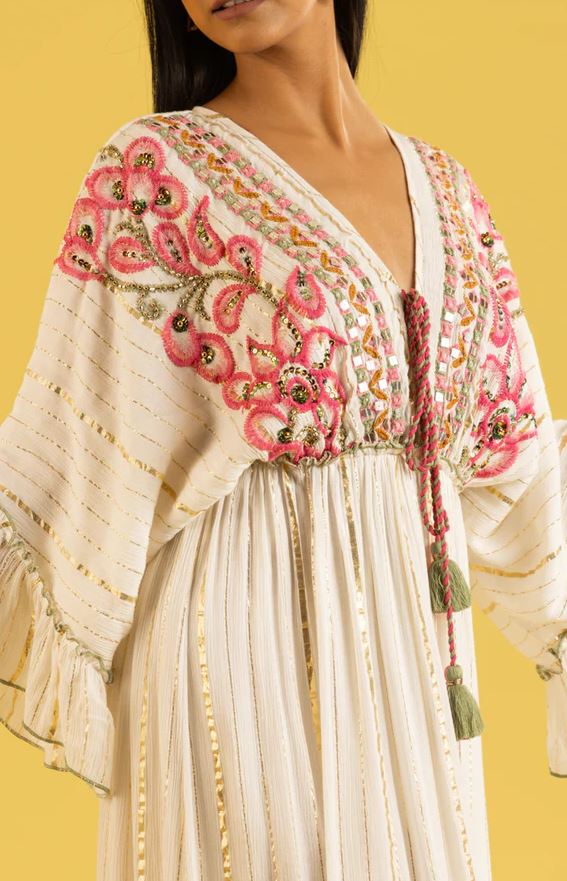 White Pink Floral Embroidered Bell Sleeve Boho Maxi Dress | Cotton Tassel Tie Tiered Festival Resort Wear