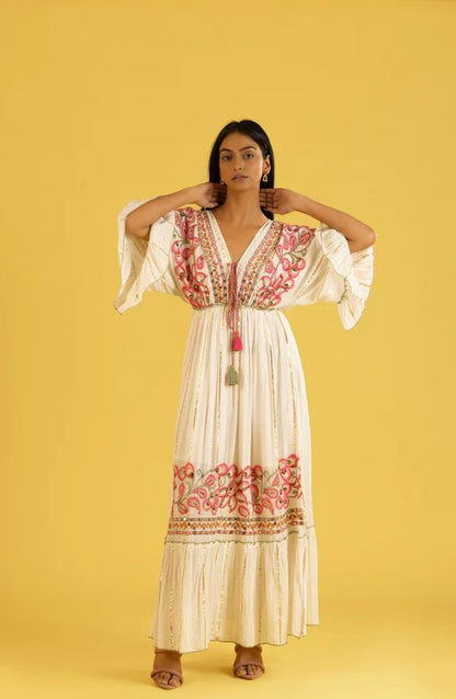 White Pink Floral Embroidered Bell Sleeve Boho Maxi Dress | Cotton Tassel Tie Tiered Festival Resort Wear