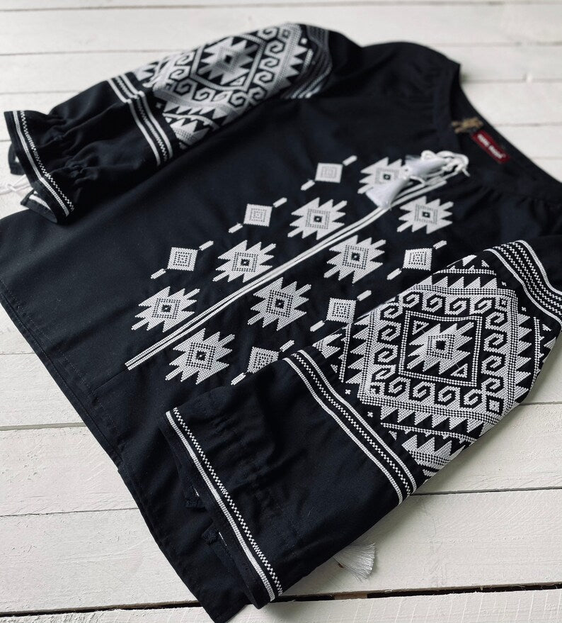 Hand-Embroidered Black Geometric Folk Cotton Blouse – Puff Sleeve Boho Top with Tassels