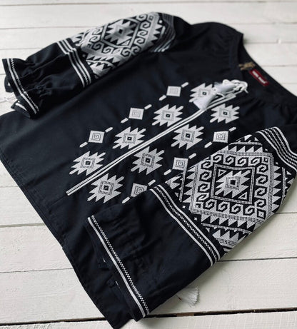 Hand-Embroidered Black Geometric Folk Cotton Blouse – Puff Sleeve Boho Top with Tassels