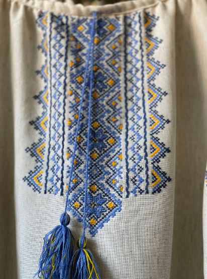 Hand-Embroidered Boho Folk Cotton Blouse – Blue & Yellow Puff Sleeve Top with Tasse