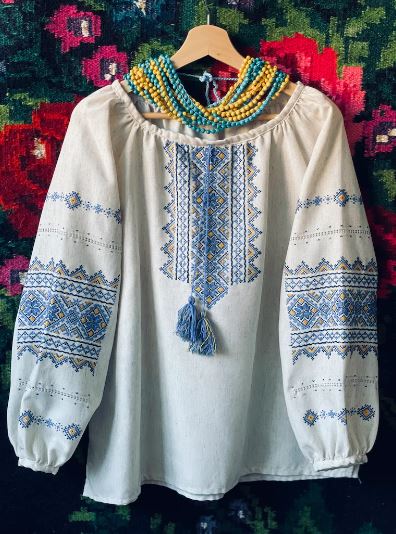 Hand-Embroidered Boho Folk Cotton Blouse – Blue & Yellow Puff Sleeve Top with Tasse