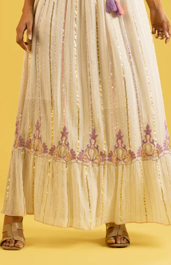 White Purple Gold Embroidered Sleeveless Boho Maxi Dress | Cotton Tassel Tie Tiered Festival Resort Wear