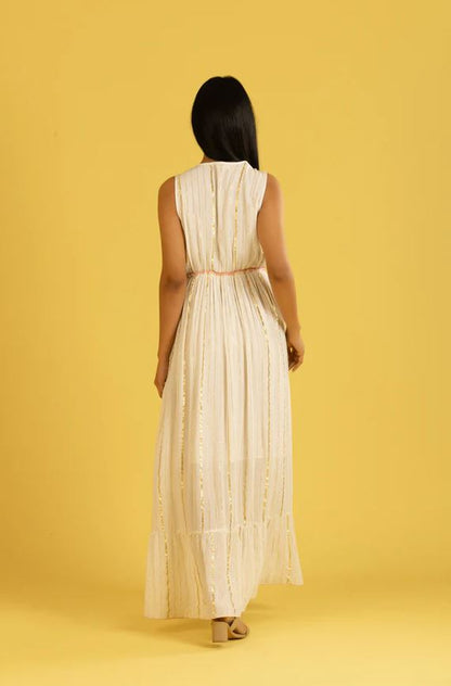 White Purple Gold Embroidered Sleeveless Boho Maxi Dress | Cotton Tassel Tie Tiered Festival Resort Wear
