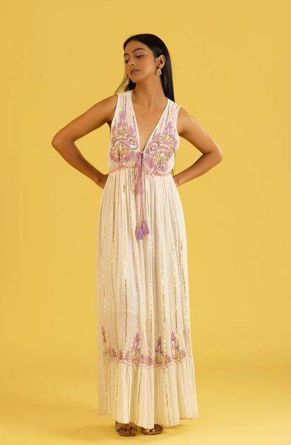 White Purple Gold Embroidered Sleeveless Boho Maxi Dress | Cotton Tassel Tie Tiered Festival Resort Wear