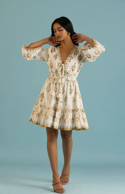 White Gold Print Bell Sleeve Boho Mini Dress | Cotton Smocked Tassel Tie Tiered Ruffle Dress | Festival Resort Wear
