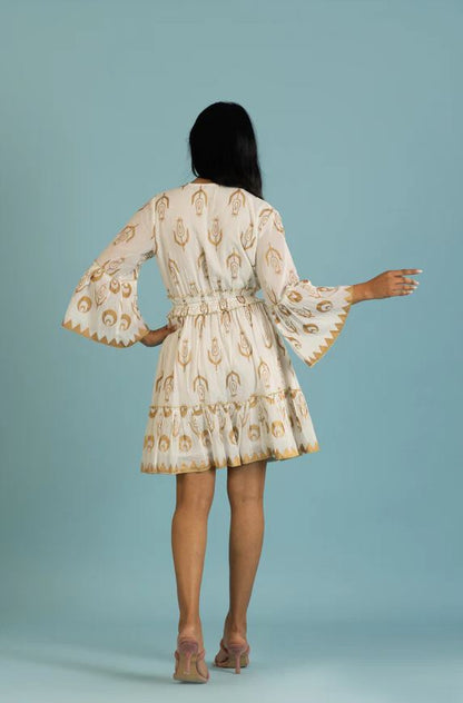 White Gold Print Bell Sleeve Boho Mini Dress | Cotton Smocked Tassel Tie Tiered Ruffle Dress | Festival Resort Wear