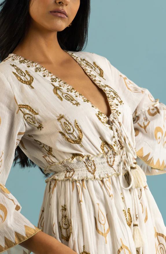 White Gold Print Bell Sleeve Boho Mini Dress | Cotton Smocked Tassel Tie Tiered Ruffle Dress | Festival Resort Wear