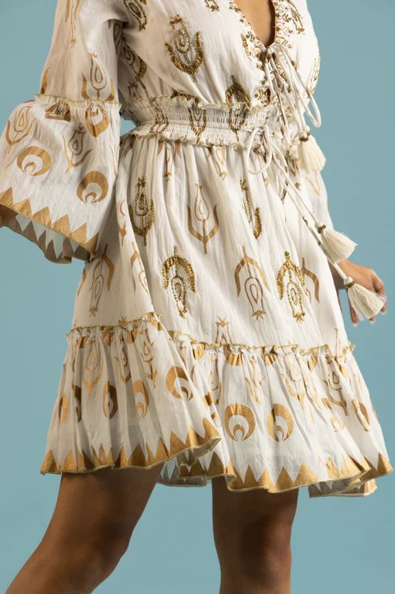 White Gold Print Bell Sleeve Boho Mini Dress | Cotton Smocked Tassel Tie Tiered Ruffle Dress | Festival Resort Wear
