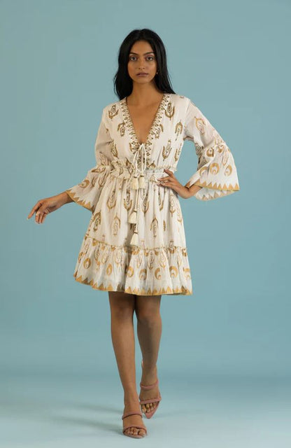 White Gold Print Bell Sleeve Boho Mini Dress | Cotton Smocked Tassel Tie Tiered Ruffle Dress | Festival Resort Wear