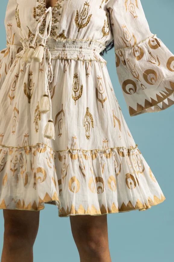 White Gold Print Bell Sleeve Boho Mini Dress | Cotton Smocked Tassel Tie Tiered Ruffle Dress | Festival Resort Wear