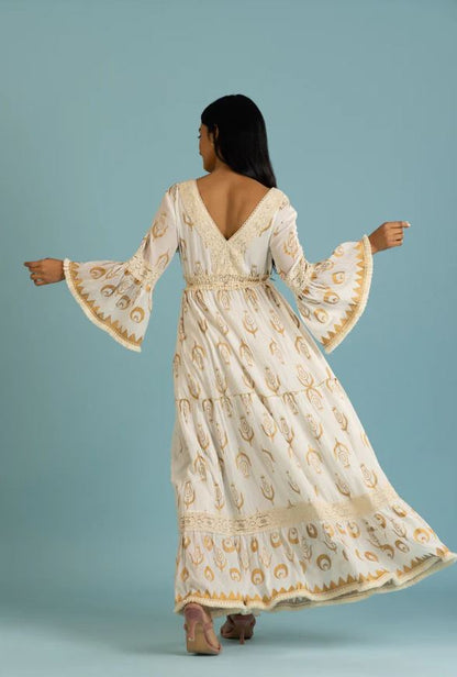 White Gold Block Print Bell Sleeve Boho Maxi Dress | Cotton Lace Smocked Tassel Tiered Dress | Festival Resort Wear