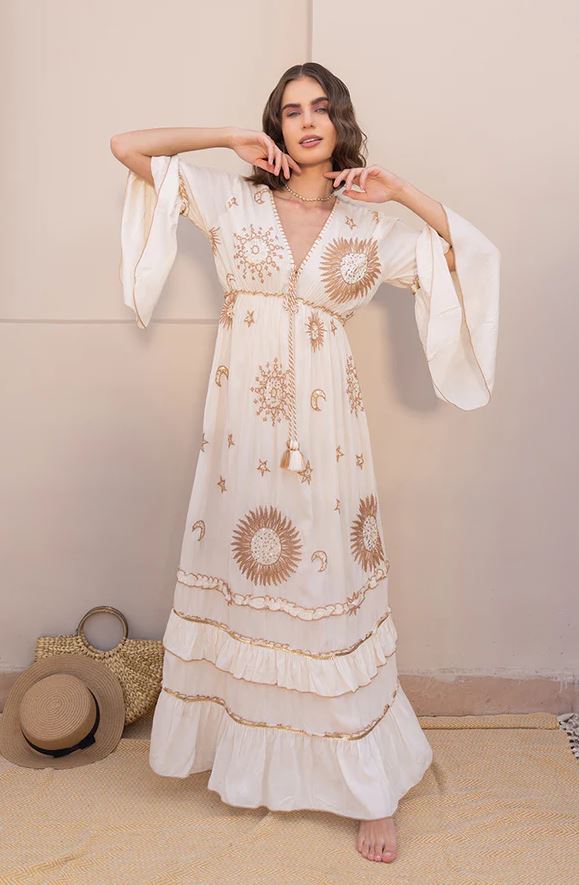 White Sun Moon Star Sequin Boho Maxi Dress | Cotton Bell Sleeve Tassel Tie Tiered Resort Wear
