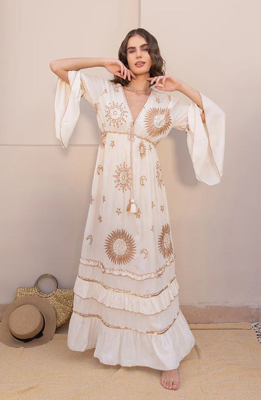 White Sun Moon Star Sequin Boho Maxi Dress | Cotton Bell Sleeve Tassel Tie Tiered Resort Wear