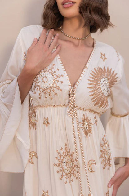 White Sun Moon Star Sequin Boho Maxi Dress | Cotton Bell Sleeve Tassel Tie Tiered Resort Wear