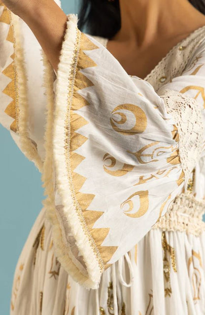 White Sun Moon Star Sequin Boho Maxi Dress | Cotton Bell Sleeve Tassel Tie Tiered Resort Wear