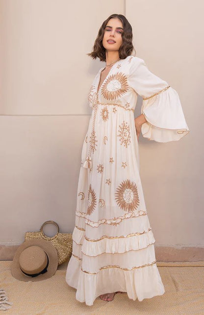 White Sun Moon Star Sequin Boho Maxi Dress | Cotton Bell Sleeve Tassel Tie Tiered Resort Wear