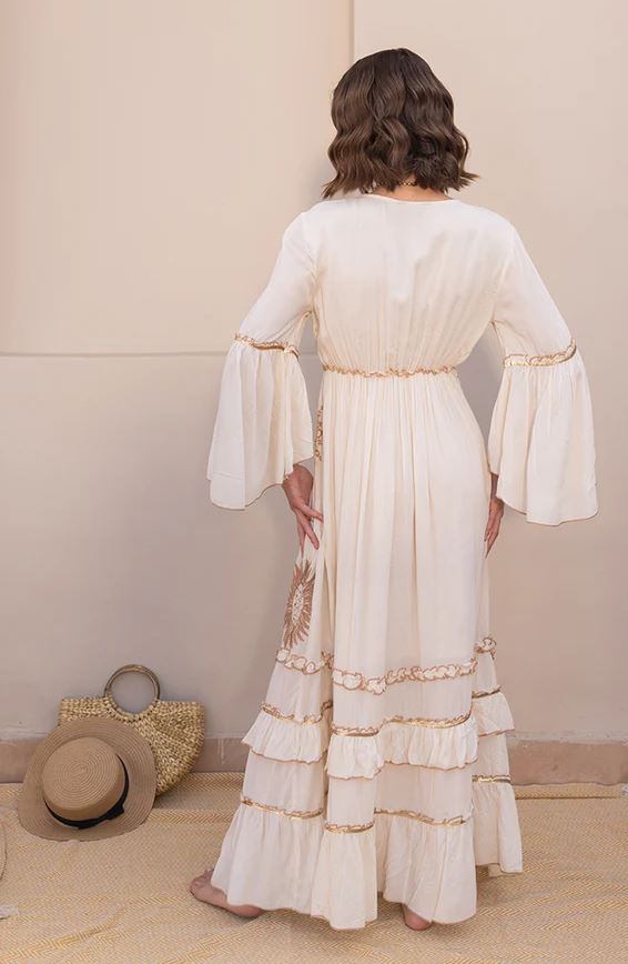 White Sun Moon Star Sequin Boho Maxi Dress | Cotton Bell Sleeve Tassel Tie Tiered Resort Wear
