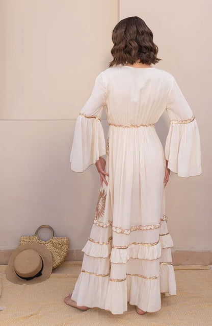 White Sun Moon Star Sequin Boho Maxi Dress | Cotton Bell Sleeve Tassel Tie Tiered Resort Wear