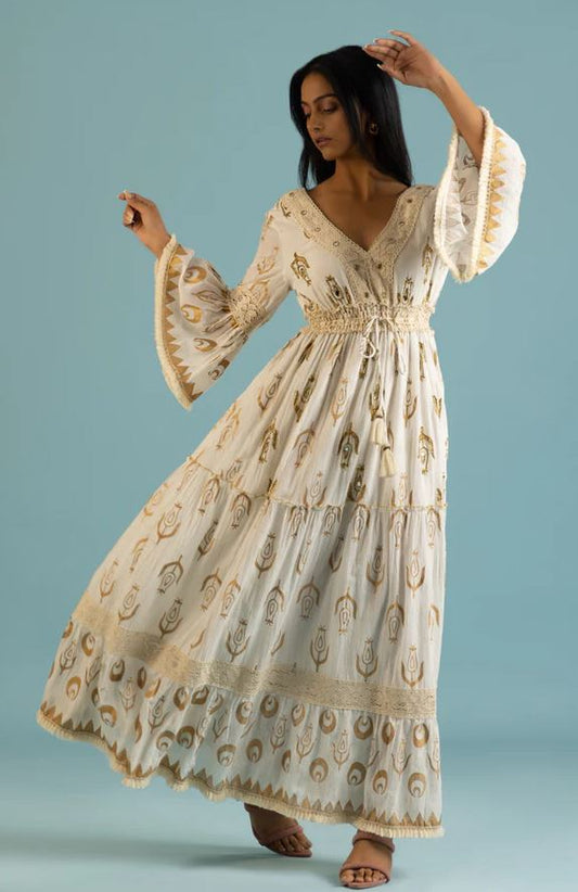 White Gold Block Print Bell Sleeve Boho Maxi Dress | Cotton Lace Smocked Tassel Tiered Dress | Festival Resort Wear