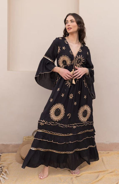 Black Celestial Sun Moon Star Boho Maxi Dress | Cotton Bell Sleeve Tassel Tie Tiered Dress | Festival Resort Wear