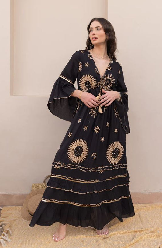 Black Celestial Sun Moon Star Boho Maxi Dress | Cotton Bell Sleeve Tassel Tie Tiered Dress | Festival Resort Wear