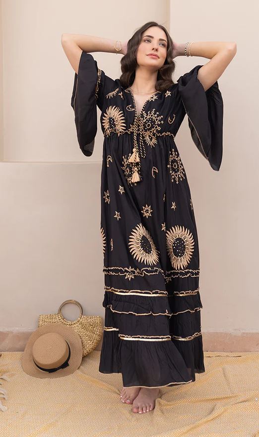 Black Celestial Sun Moon Star Boho Maxi Dress | Cotton Bell Sleeve Tassel Tie Tiered Dress | Festival Resort Wear