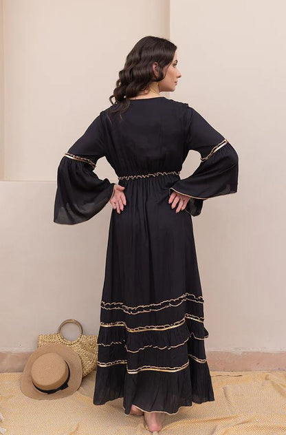 Black Celestial Sun Moon Star Boho Maxi Dress | Cotton Bell Sleeve Tassel Tie Tiered Dress | Festival Resort Wear