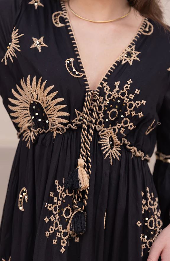 Black Celestial Sun Moon Star Boho Maxi Dress | Cotton Bell Sleeve Tassel Tie Tiered Dress | Festival Resort Wear
