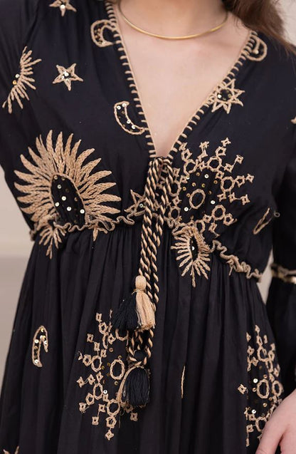 Black Celestial Sun Moon Star Boho Maxi Dress | Cotton Bell Sleeve Tassel Tie Tiered Dress | Festival Resort Wear